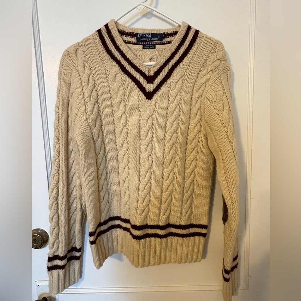 Vintage POLO RALPH LAUREN Ivory Thick Wool Cable Knit V Neck Sweater, Medium